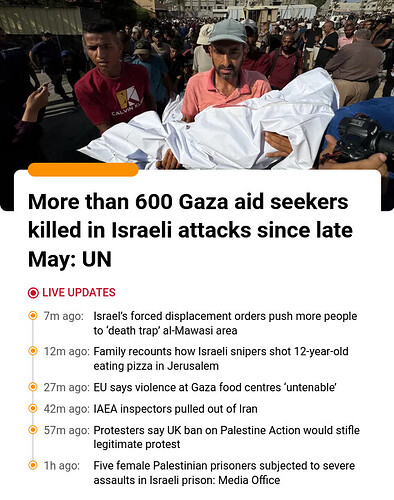 Screenshot of Al Jazeera live updates documenting Israeli crimes
