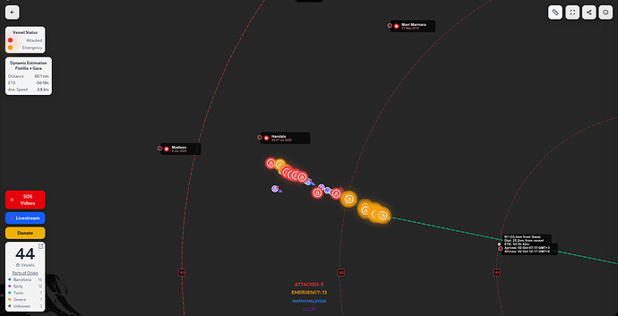 Map showing vessels sailing towards Gaza