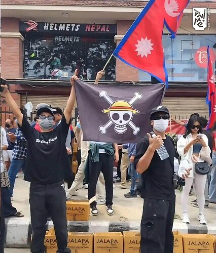A demonstrator in Nepal displaying a “one piece” pirate flag, which has become a symbol of the rebellion in Indonesia.