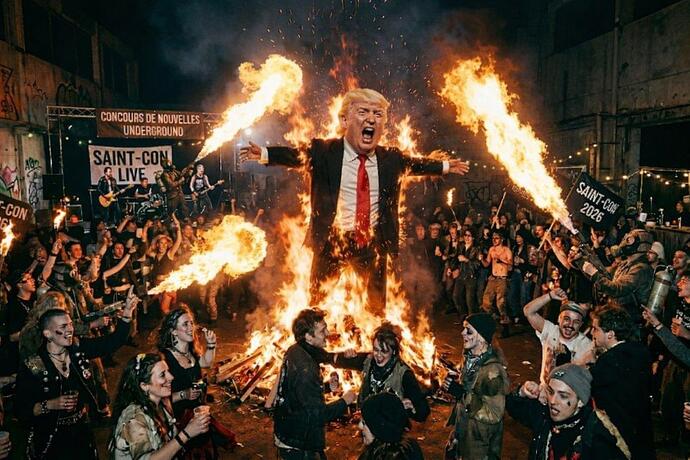 grande fête autour d'un mannequin représentant Donald Trump qui est brûlé. Illustration : #IA