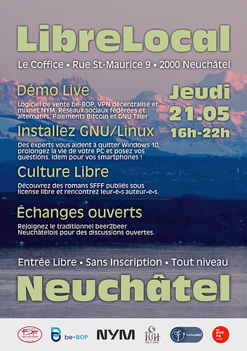 Poster for “LibreLocal” event in Neuchâtel, Switzerland, featuring a scenic mountain-and-lake background at sunset. Large pale green title text reads “LibreLocal,” with location details underneath: “Le Coffice • Rue St-Maurice 9 • 2000 Neuchâtel.”