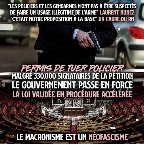 En haut un policier empoigne son arme de service. En bas l'Assemblée Nationale, où le permis de tuer vient d'être validé pour la police.