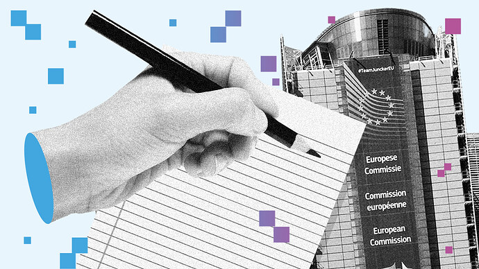 Hand writing on paper, European Commission's building in the background