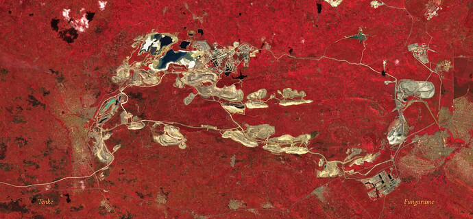 Satellite image form the DRC region between the cities of Tenke and Fungurume one can see mine pits that are much larger than those big cities