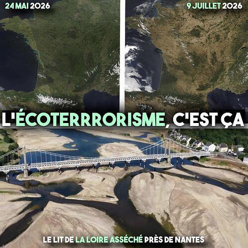 Deux images satellite, avant et après la série de canicules de 2026, et le lit de la Loire asséché près de Nantes.