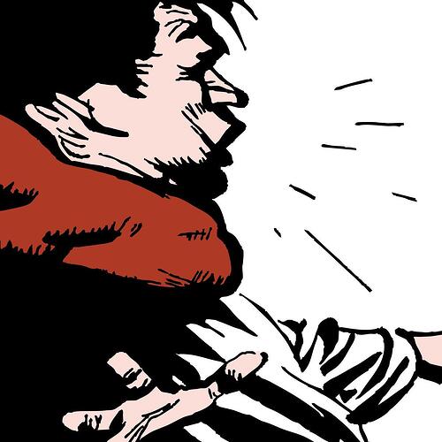 1950s comics style. This white guy got his breath cut by a jab in the stomach.