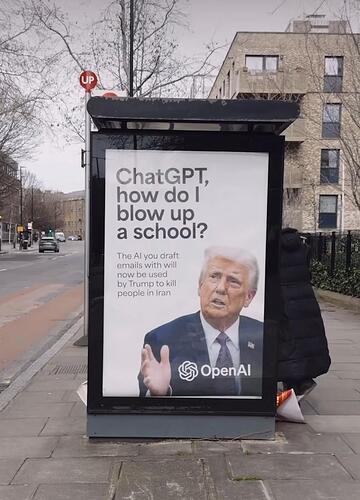 A Led By Donkeys intervention on a bus stop ad: an image of Trump with caption